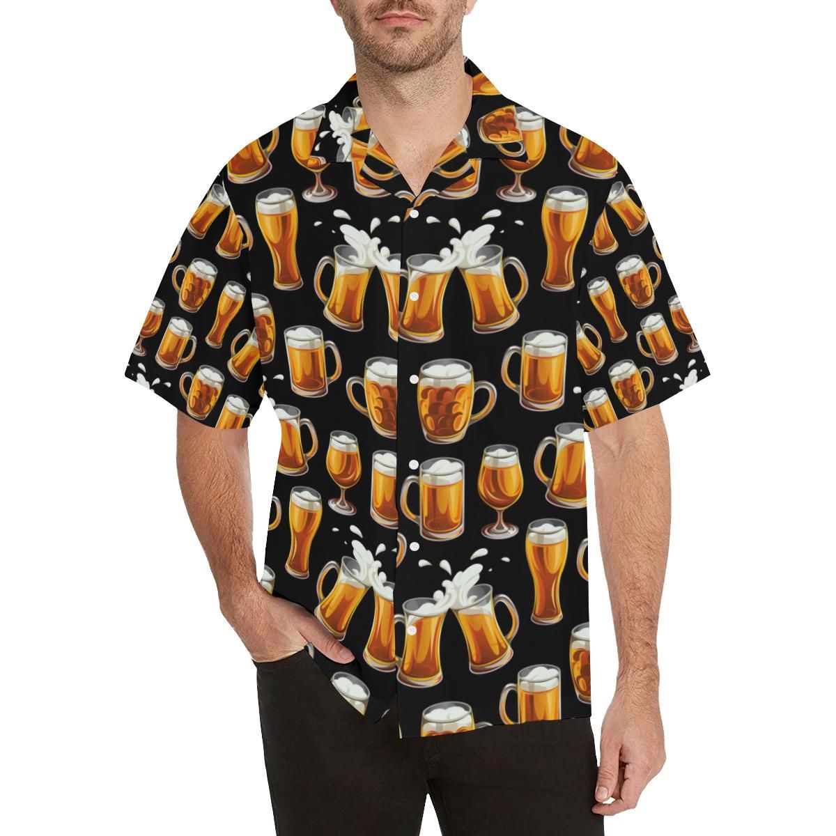 Beer Pattern Background Men'S All Over Print Hawaiian Aloha Shirt Hawaiian Shorts Beach Short Sleeve,Hawaiian Shirt Gift, Christmas Gift