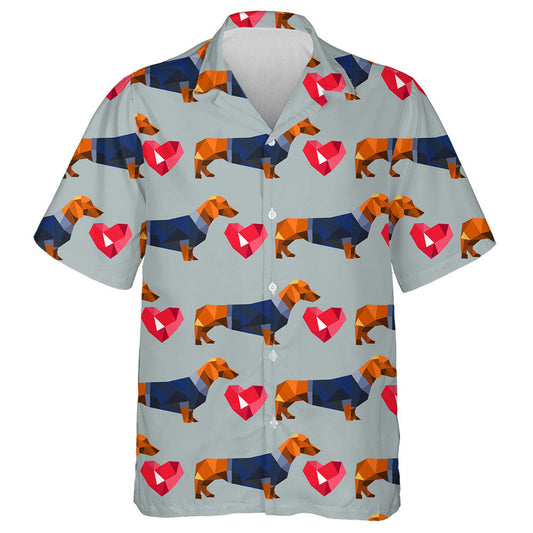 Polygonaler geometrischer Dackel in Kleidung und rotem Herz Hawaiihemd, Hawaiihemd Geschenk, Weihnachtsgeschenk