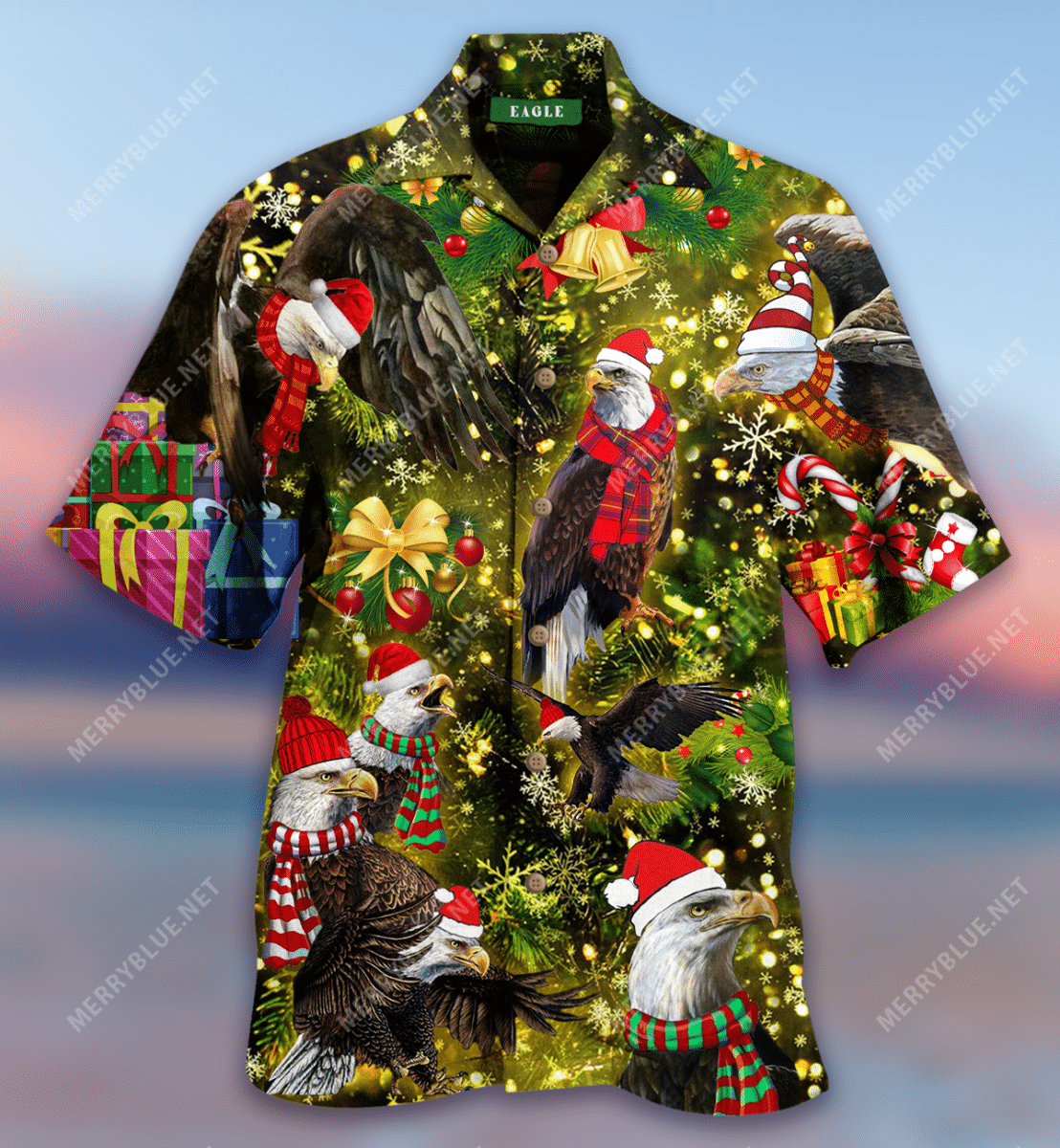 Eagles With Christmas Unisex Hawaiian Aloha Shirt Hawaiian Shorts Beach Short Sleeve, Hawaiian Shirt Gift, Christmas Gift