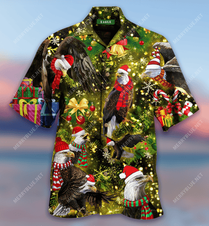 Eagles With Christmas Unisex Hawaiian Aloha Shirt Hawaiian Shorts Beach Short Sleeve, Hawaiian Shirt Gift, Christmas Gift