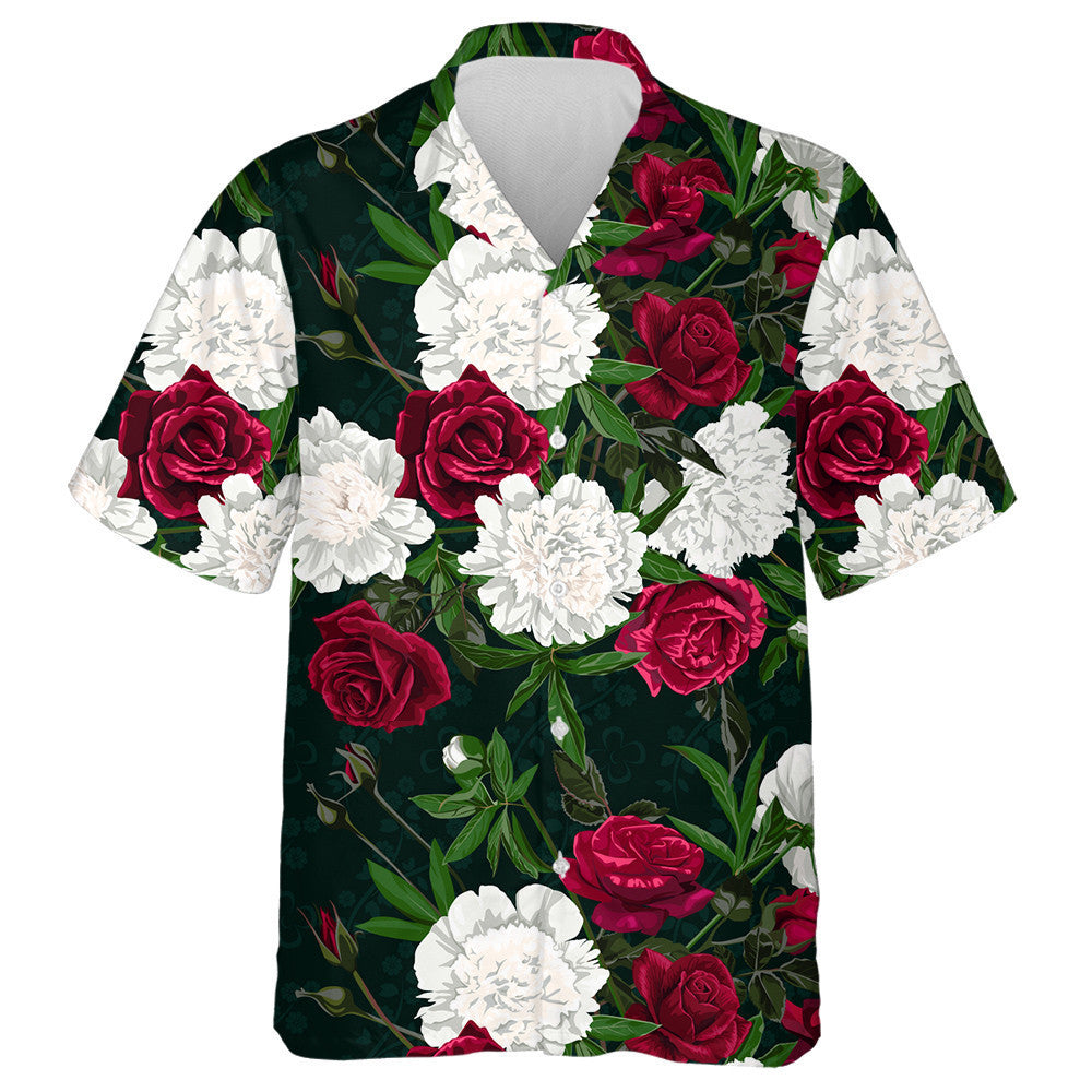 Red Roses And White Peony On A Dark Background Hawaiian Shirt, Hawaiian Shirt Gift, Christmas Gift
