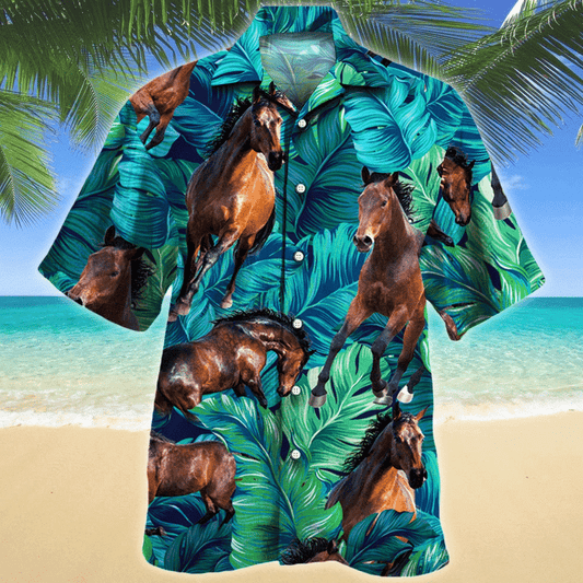 Brown Horse Lovers Gift For Holiday Vacation Pattern Hawaiian Shirt, Hawaiian Shirt Gift, Christmas Gift