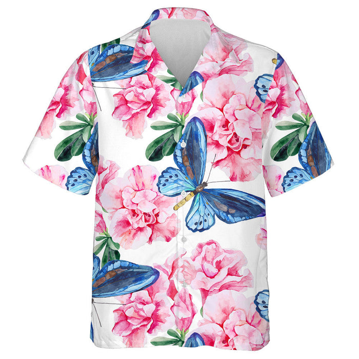 Pink Rhododendron And Blue Butterfly Background Hawaiian Shirt,Hawaiian Shirt Gift, Christmas Gift