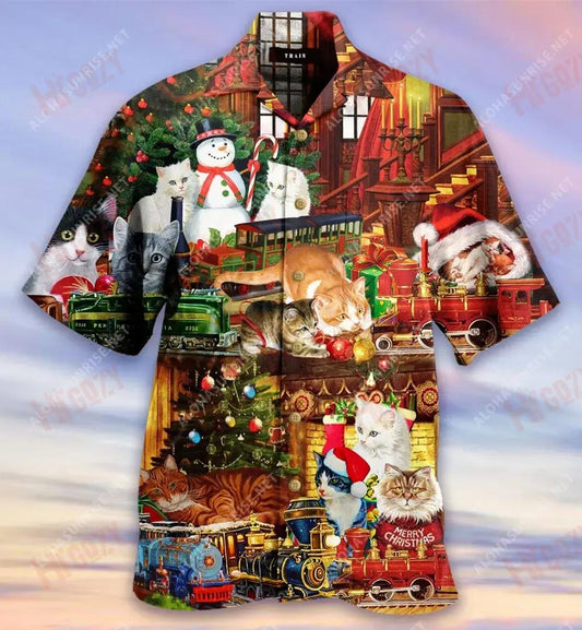 Cats With Toys Train Short Hawaiian Shirt Summer Tropical Shirts Tactical Hawaiian Shirt Funny Hawaiian Shirts, Hawaiian Shirt Gift, Christmas Gift