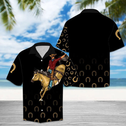 Cowboy Riding Horse With Golden Horseshoes In Black Hawaiian Shirt, Hawaiian Shirt Gift, Christmas Gift