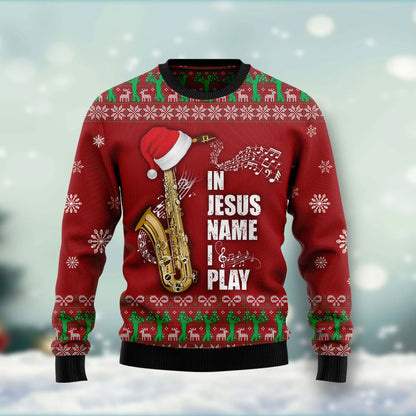 Saxophone In Jesus Name I Play Ugly Christmas Sweater, Christmas Gift,Gift Christmas 2024