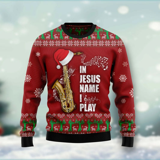 Saxophone In Jesus Name I Play Ugly Christmas Sweater, Christmas Gift,Gift Christmas 2024