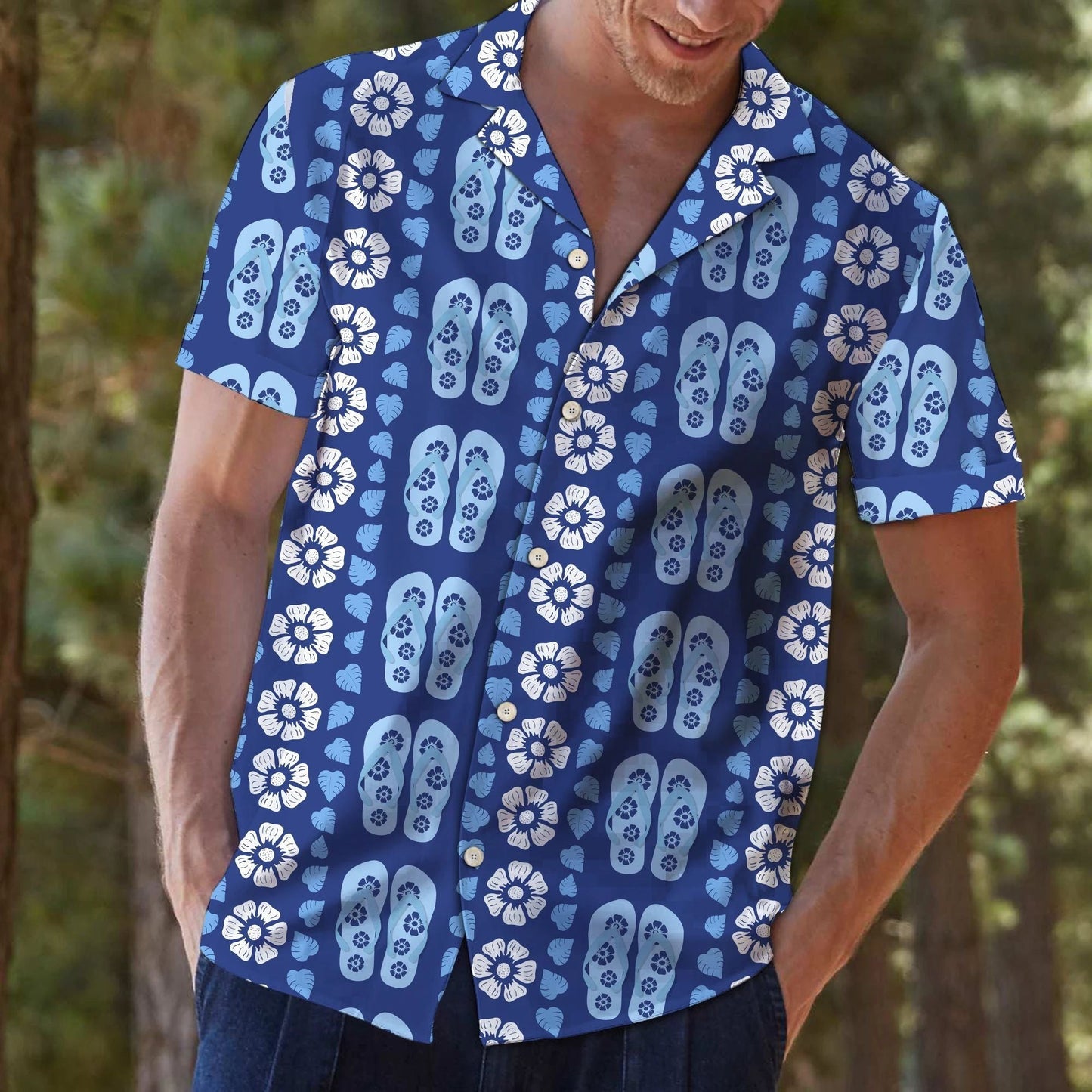 Blue Flip-flops And Hibiscus Hawaiian Shirt, Hawaiian For Gift