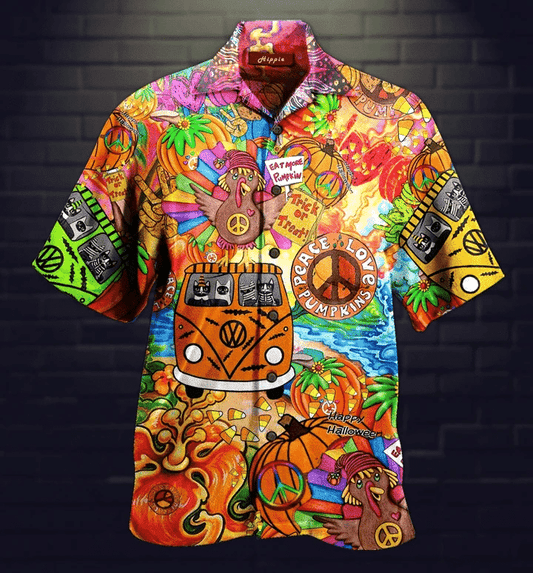 Hippie Life And Amazing Cat Halloween Background Hawaiian Shirt, Hawaiian Shirt Gift, Christmas Gift