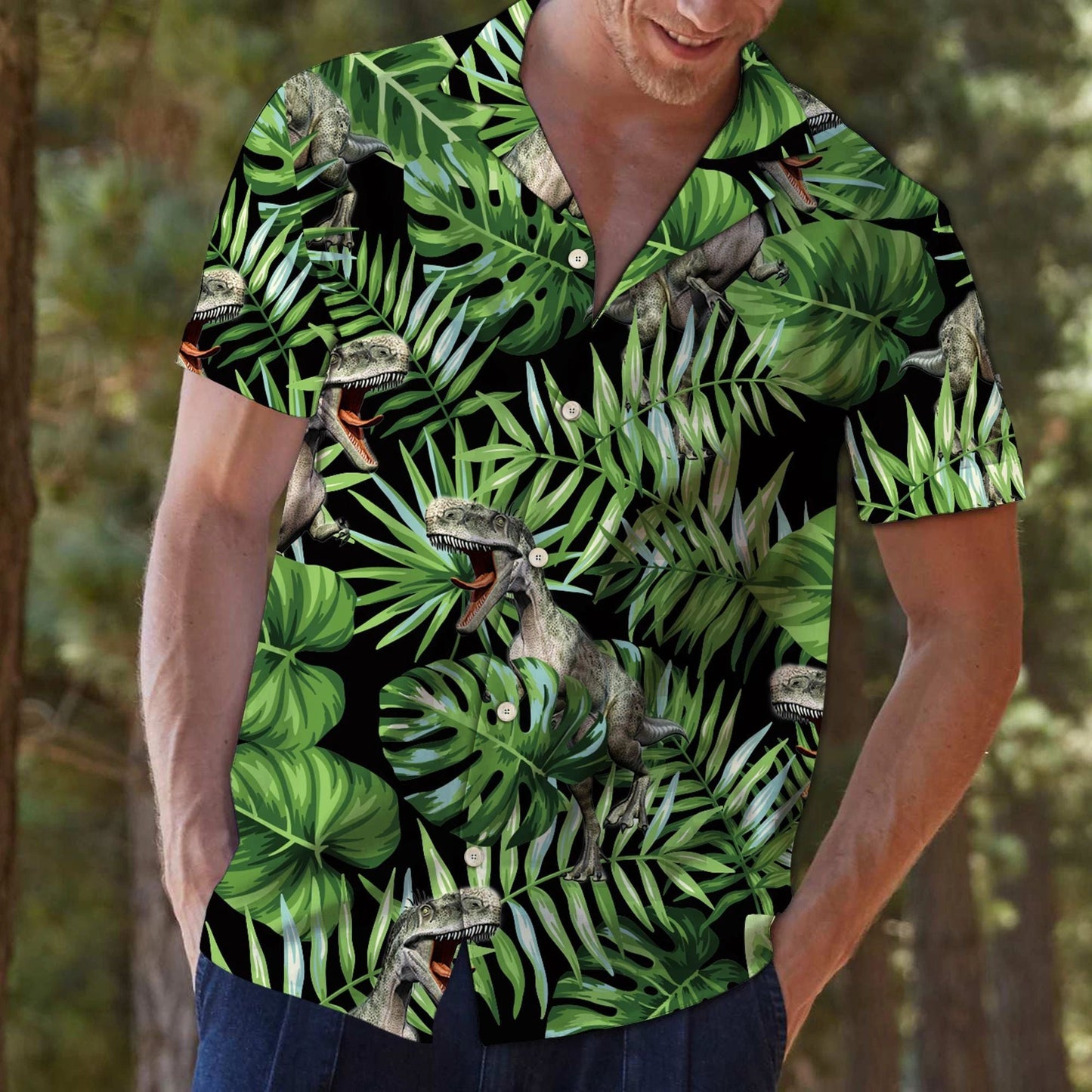Dinosaur In Deep Forest Design Hawaiian Shirt,Hawaiian Shirt Gift, Christmas Gift