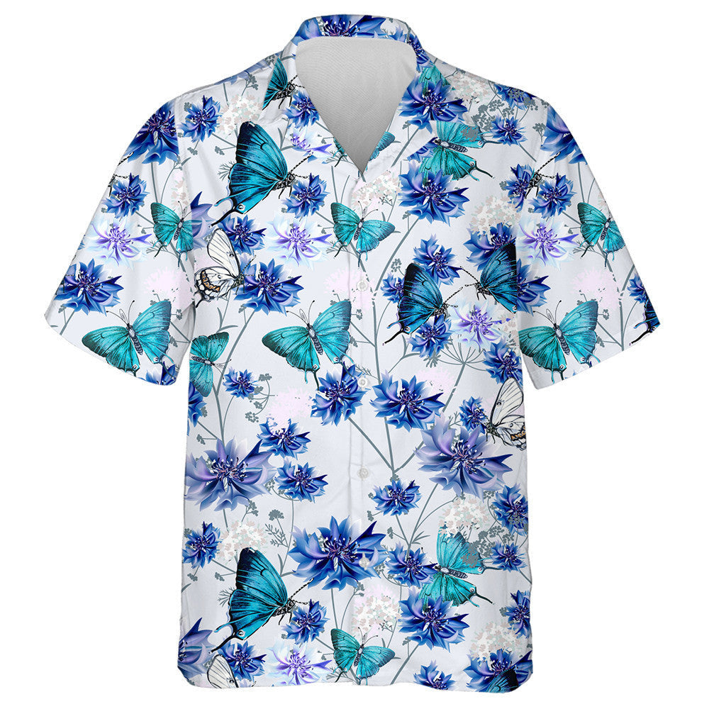 Hand Drawn Blue Cornflowers And Butterflies Hawaiian Shirt, Hawaiian For Gift