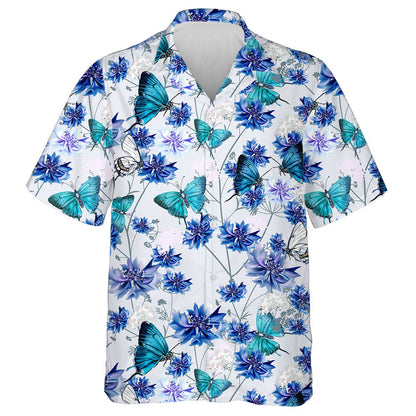 Hand Drawn Blue Cornflowers And Butterflies Hawaiian Shirt, Hawaiian For Gift
