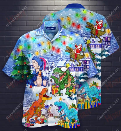 T-Rex Christmas Short Short Sleeve Shirt Vacation Hawaiian T Shirts Tactical Hawaiian Shirt Hawaiian Shirts For Men, Hawaiian Shirt Gift, Christmas Gift