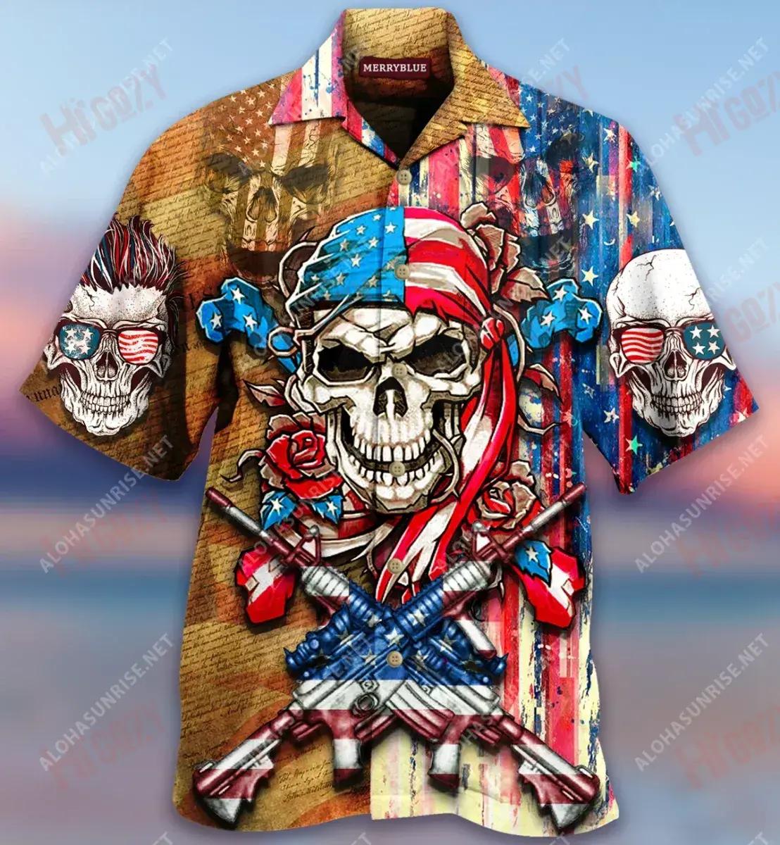 Patriotic Flower Skull Unixex Short Sleeve Shirt Ocean Hawaiian T Shirts Hawaiian Crazy Shirts Hawaiian Shirts For Women, Hawaiian Shirt Gift, Christmas Gift