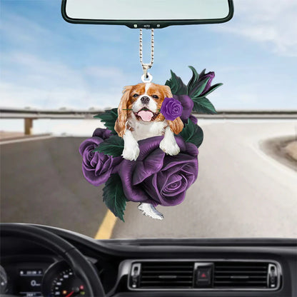 Cavalier King Charles Spaniel In Purple Rose Car Hanging Ornament, Christmas Decoration