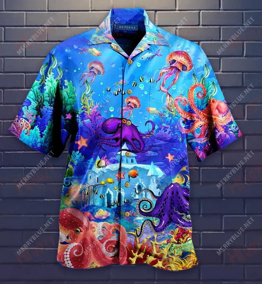 Octopus Under The Sea Short Short Sleeve Shirt Summer Hawaiian T Shirts Best Hawaiian Shirts Hawaiian Shirts For Men, Hawaiian Shirt Gift, Christmas Gift