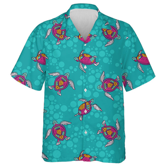 Ornamental Ocean Turtles Blue Ethnic Hand Drawn Hawaiian Shirt, Hawaiian Shirt Gift, Christmas Gift