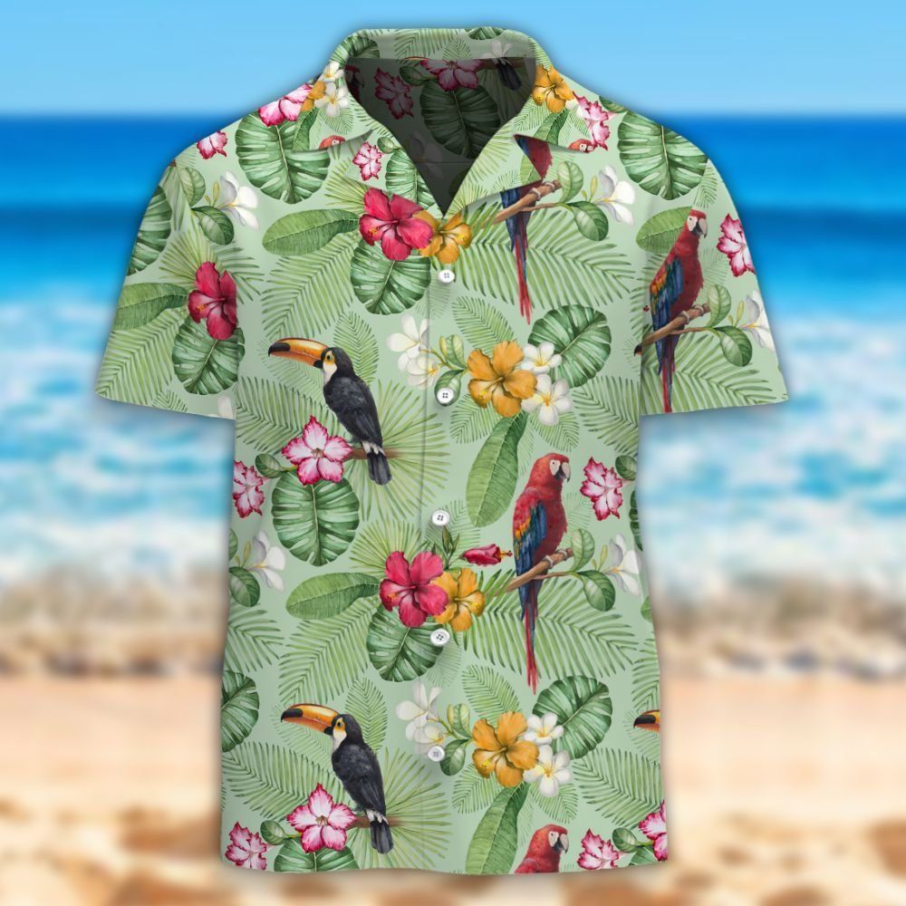 Watercolor Toucan And Parrot Hawaiian Aloha Shirt Hawaiian Shorts Beach Short Shirt, Hawaiian Shirt Gift, Christmas Gift