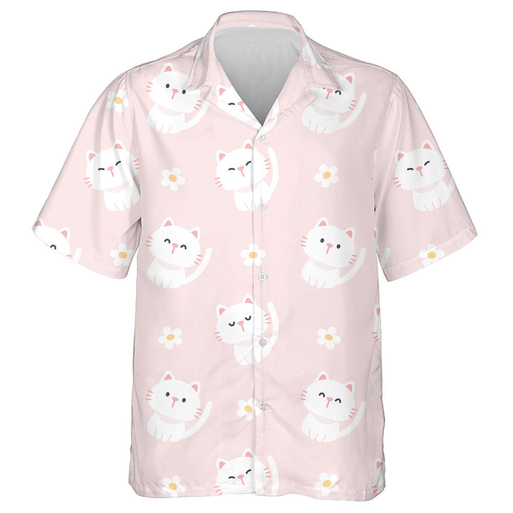 Cute Cat And White Flowers In Cartoon Style Hawaiian Shirt, Hawaiian Shirt Gift, Christmas Gift