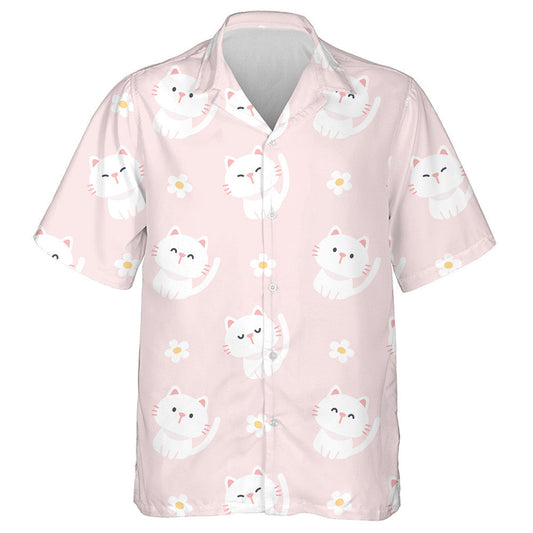 Cute Cat And White Flowers In Cartoon Style Hawaiian Shirt, Hawaiian Shirt Gift, Christmas Gift