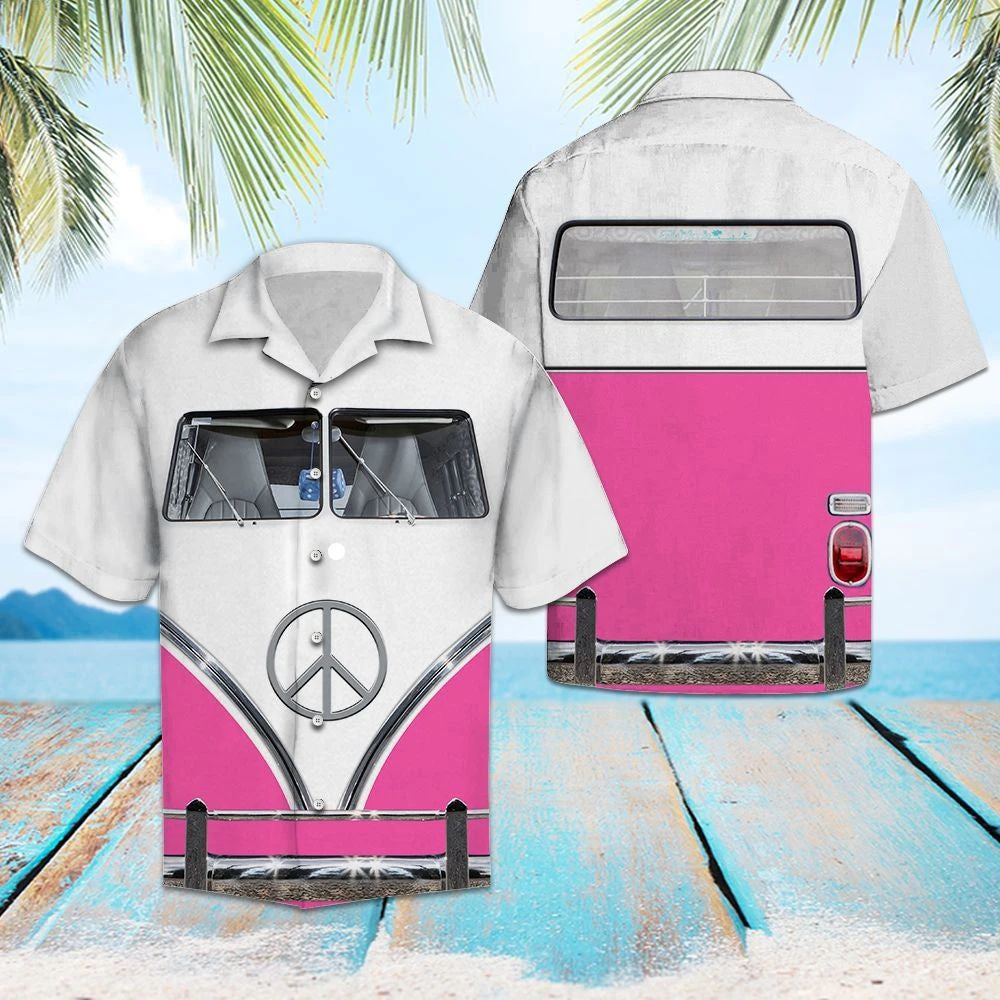 White And Pink Hippie Bus Hawaiian Shirt, Hwaiian For Gift