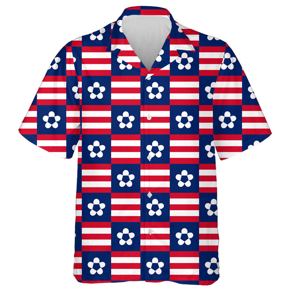 Cute Flower On Colorblocks In The Style Of American Flag Hawaiian Shirt, Hawaiian Shirt Gift, Christmas Gift