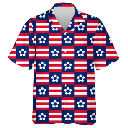 Cute Flower On Colorblocks In The Style Of American Flag Hawaiian Shirt, Hawaiian Shirt Gift, Christmas Gift