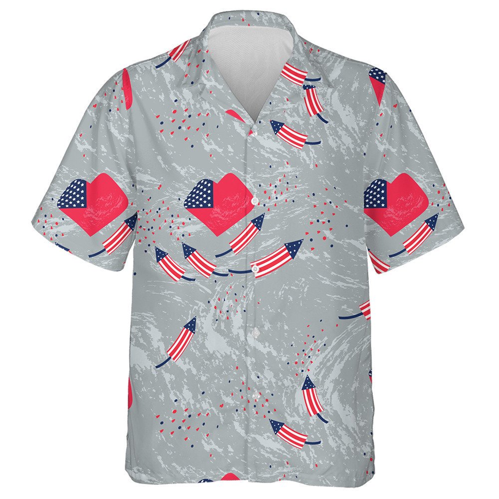 American Flag In The Shape Of A Heart And Firecrackers Hawaiian Shirt, Hawaiian Shirt Gift, Christmas Gift