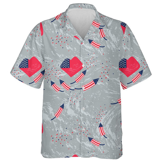 American Flag In The Shape Of A Heart And Firecrackers Hawaiian Shirt, Hawaiian Shirt Gift, Christmas Gift