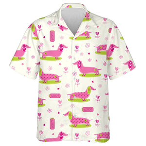 Funny Dachshund And Abstract Floral Elements Hawaiian Shirt,Hawaiian Shirt Gift, Christmas Gift