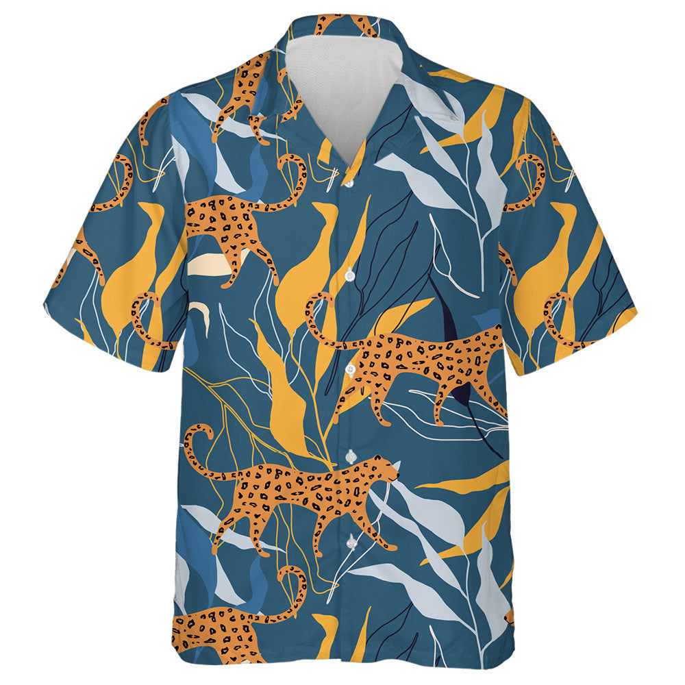 Wild Leopard Exotic Leaves In Modern Style Hawaiian Shirt, Hawaiian Shirt Gift, Christmas Gift