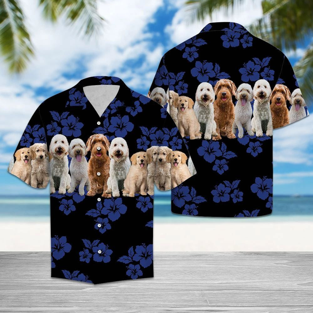 Goldendoodle With Blue Hibiscus In Black Design Hawaiian Shirt, Hawaiian Shirt Gift, Christmas Gift