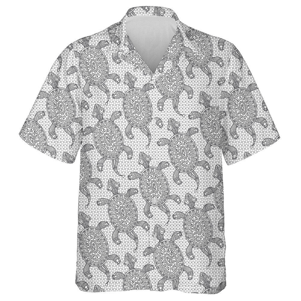 Light Grey Little Turtle Silhouette With Decorative Ethnic Hawaiian Shirt, Hawaiian Shirt Gift, Christmas Gift