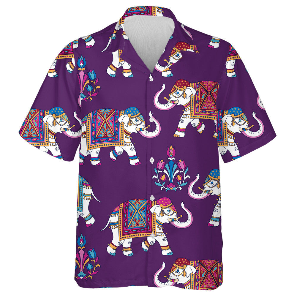 Funny Elephants And floral Elements On Violet Background Hawaiian Shirt, Hawaiian Shirt Gift, Christmas Gift