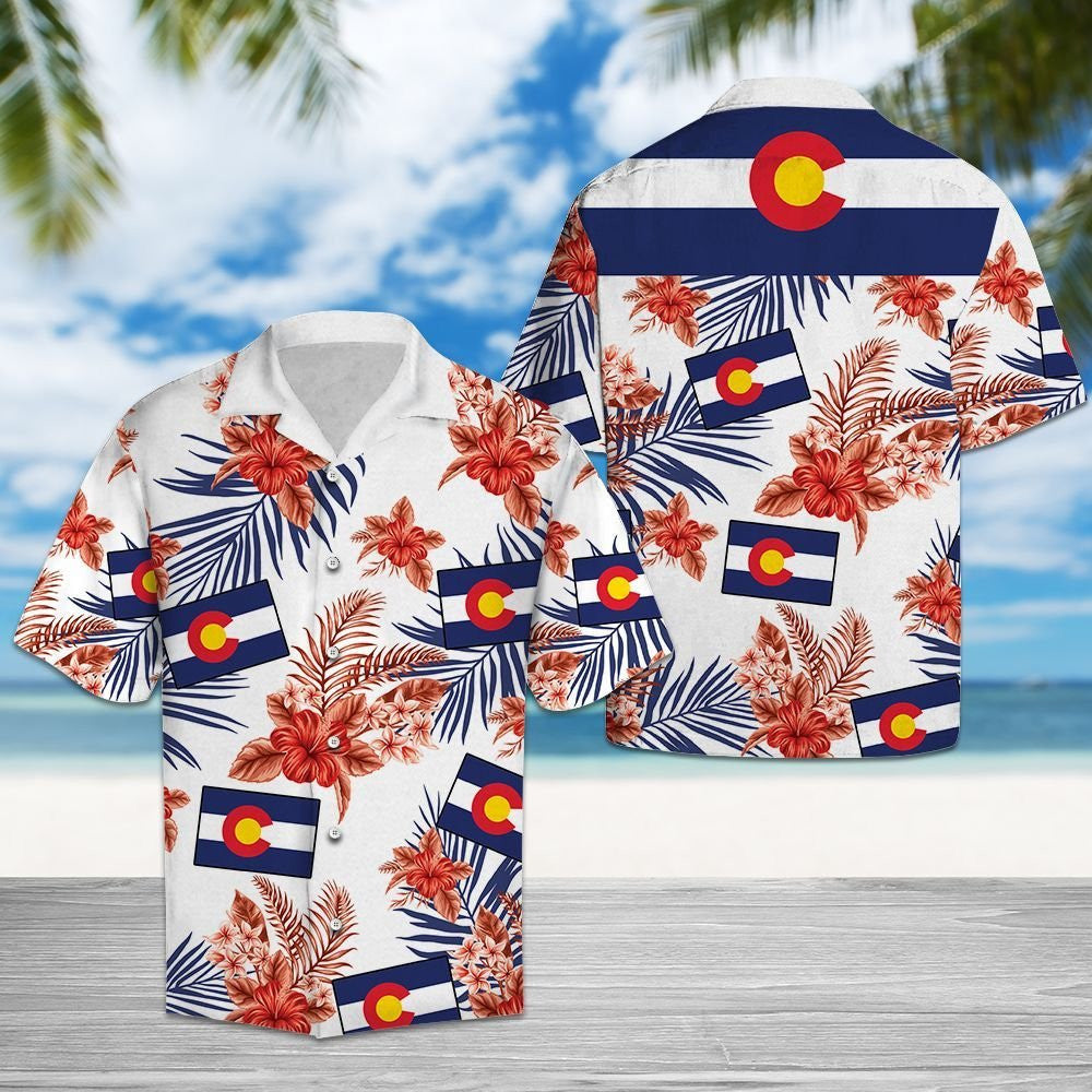Colorado Map With Red Hibiscus Blue Leaves Hawaiian Shirt, Hawaiian Shirt Gift, Christmas Gift