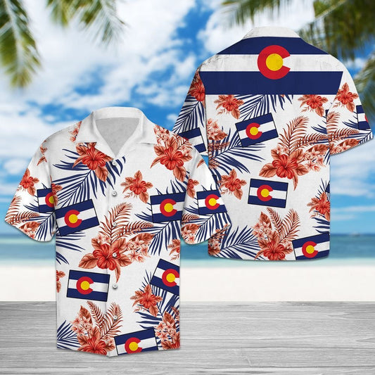 Colorado Map With Red Hibiscus Blue Leaves Hawaiian Shirt, Hawaiian Shirt Gift, Christmas Gift