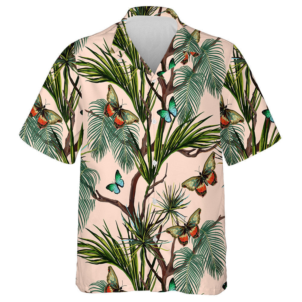 Tropical Summer Background With Butterflies A Palm Leaf Hawaiian Shirt, Hawaiian Shirt Gift, Christmas Gift