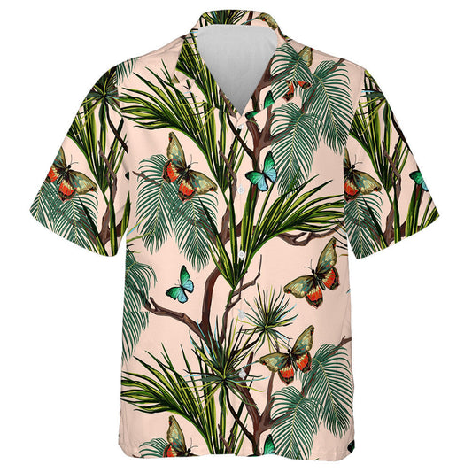 Tropical Summer Background With Butterflies A Palm Leaf Hawaiian Shirt, Hawaiian Shirt Gift, Christmas Gift
