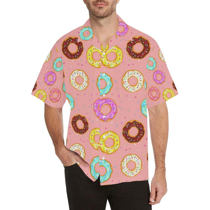 Donut Pattern Pink Background Men'S All Over Print Hawaiian Aloha Shirt Hawaiian Shorts Beach Short Sleeve_Hawaiian Shirt Gift, Christmas Gift