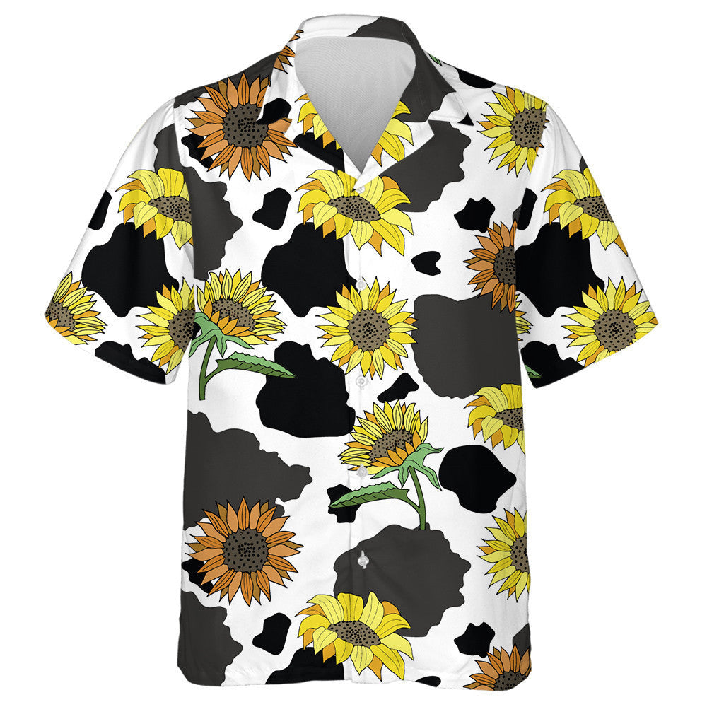 Hand Draw Black And White Cow With Sunflowers Hawaiian Shirt, Hawaiian Shirt Gift, Christmas Gift