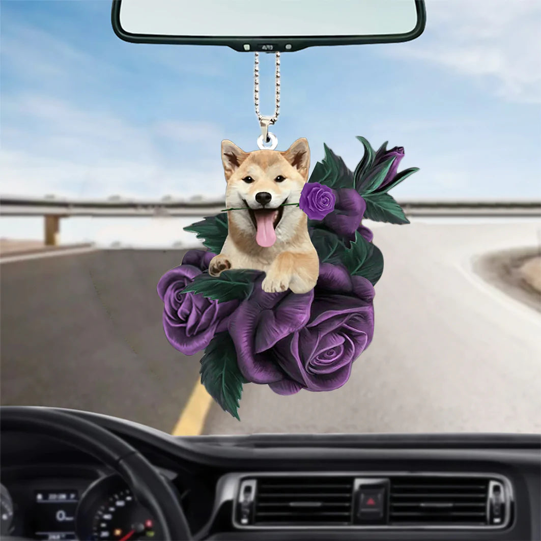 Shiba Inu In Purple Rose Car Hanging Ornament, Dog Hanging Car Ornament, Christmas Decoration