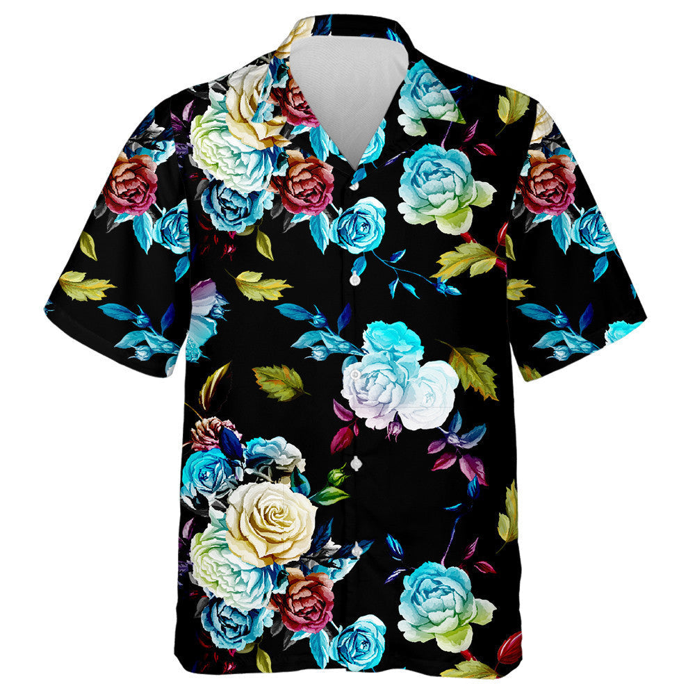 Multicolor Roses And Leaves On Black Background Design Hawaiian Shirt, Hawaiian Shirt Gift, Christmas Gift