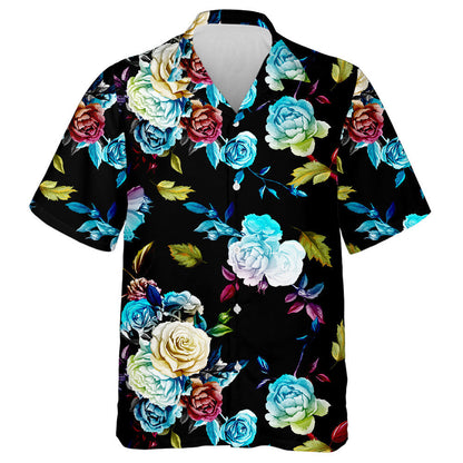 Multicolor Roses And Leaves On Black Background Design Hawaiian Shirt, Hawaiian Shirt Gift, Christmas Gift