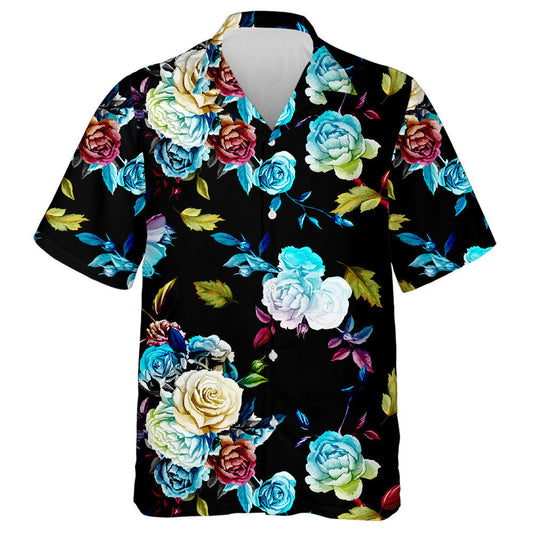 Multicolor Roses And Leaves On Black Background Design Hawaiian Shirt, Hawaiian Shirt Gift, Christmas Gift