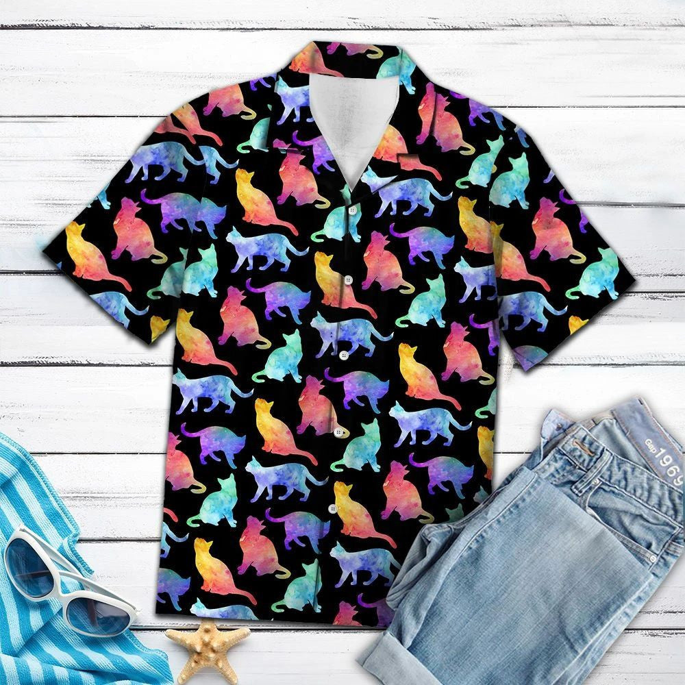 Bright Colorful Cat In Black Hawaiian Shirt, Hawaiian For Gift