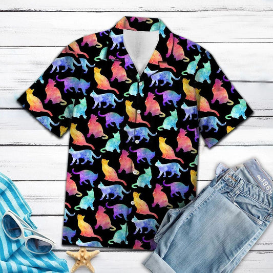 Bright Colorful Cat In Black Hawaiian Shirt, Hawaiian For Gift