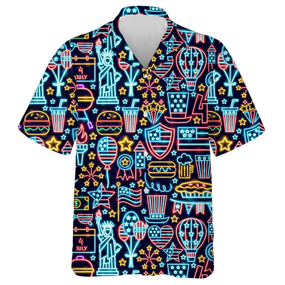 Multicolored Neon Light With Independence Day Elements Hawaiian Shirt, Hawaiian Shirt Gift, Christmas Gift