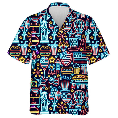 Multicolored Neon Light With Independence Day Elements Hawaiian Shirt, Hawaiian Shirt Gift, Christmas Gift