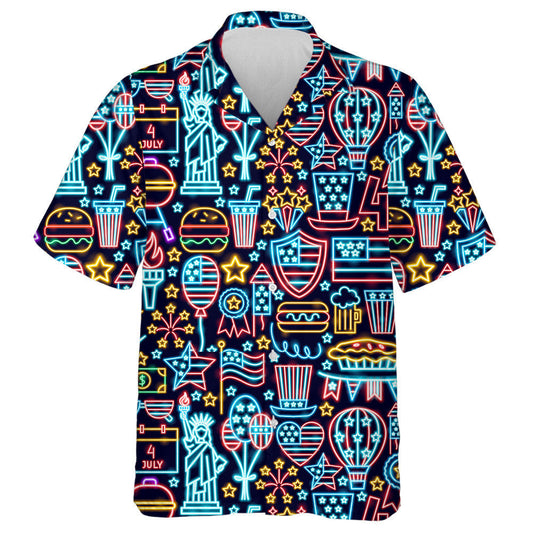 Multicolored Neon Light With Independence Day Elements Hawaiian Shirt, Hawaiian Shirt Gift, Christmas Gift