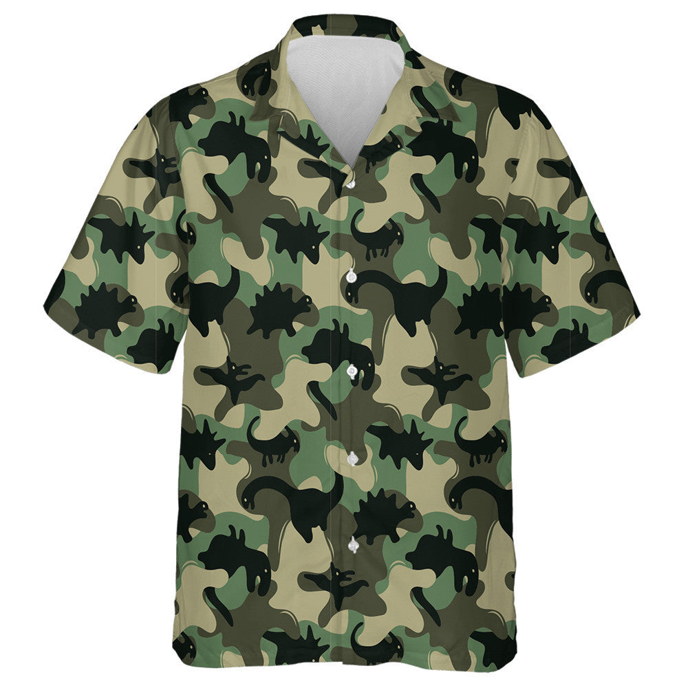 Black Dinosaur Skeletons Silhouette Green Camo Pattern Hawaiian Shirt, Hawaiian Shirt Gift, Christmas Gift